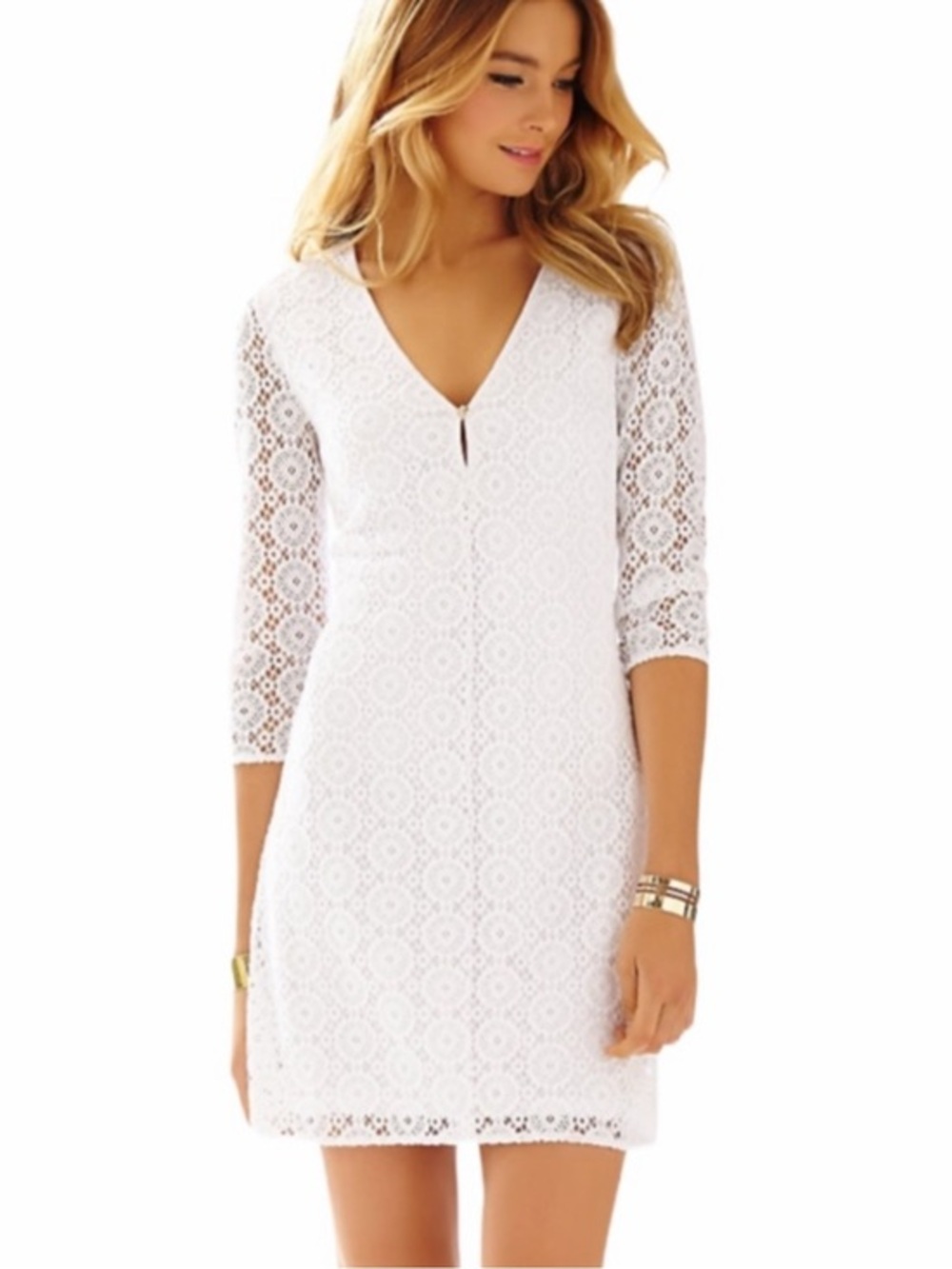 Lilly Pulitzer Lamora Breakers Lace White V-Neck Shift Dress 3/4 Sleeve 💕